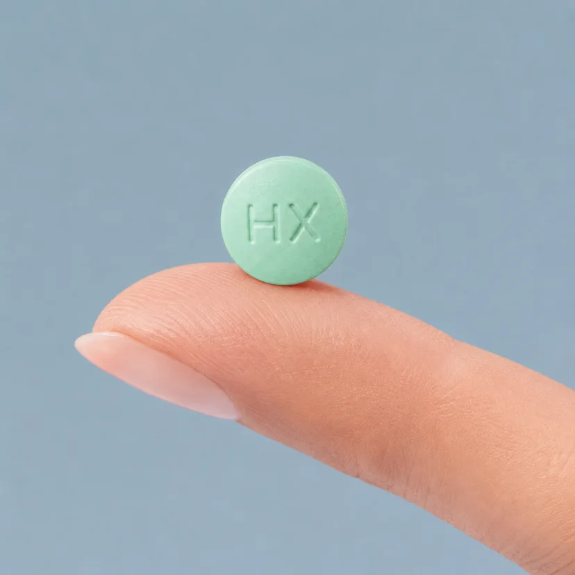 Hydroxyzine tablet resting on a finger